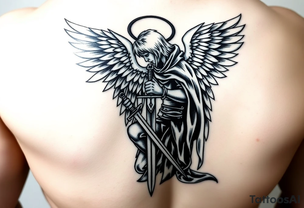 Warrior Angel with long sword  kneeling looking down cloak over head wings
 spread let there be light tattoo idea