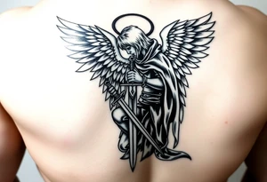 Warrior Angel with long sword  kneeling looking down cloak over head wings
 spread let there be light tattoo idea