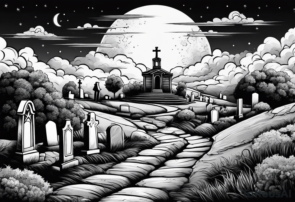 Cemetery on hills with clouds and moon tattoo idea