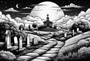 Cemetery on hills with clouds and moon tattoo idea