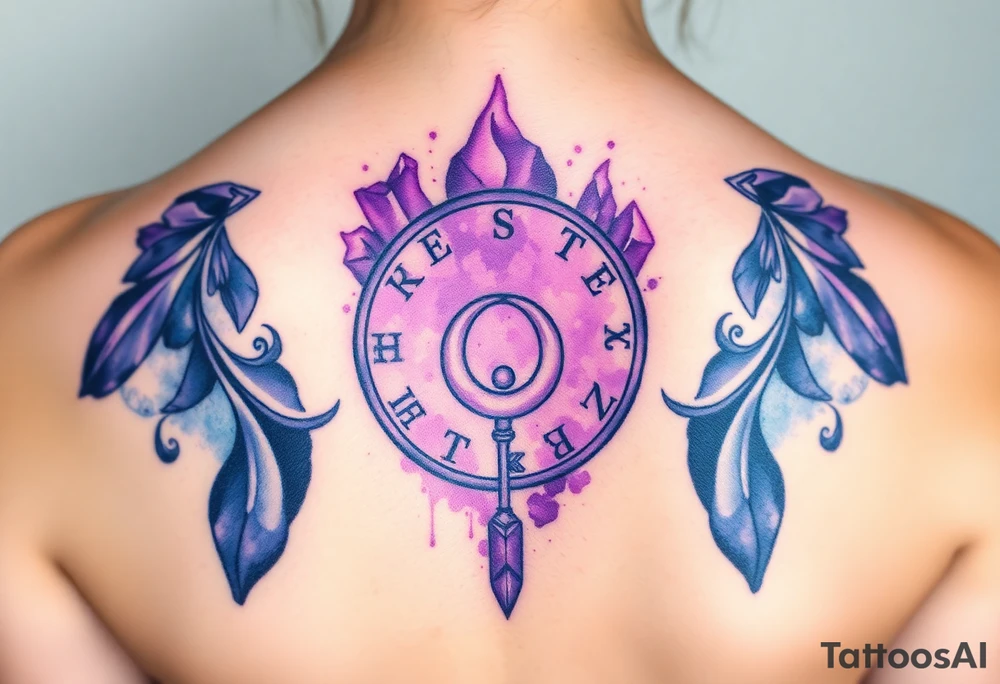 A deep purple crystal lock with glowing runes, and a crescent moon-shaped key radiating a mystical aura tattoo idea