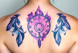 A deep purple crystal lock with glowing runes, and a crescent moon-shaped key radiating a mystical aura tattoo idea