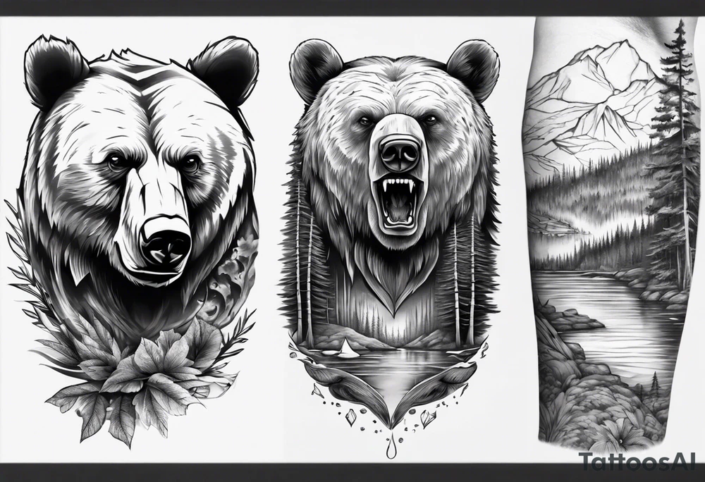 bear head right above the forest line with a lake below, full arm sleeve tattoo tattoo idea
