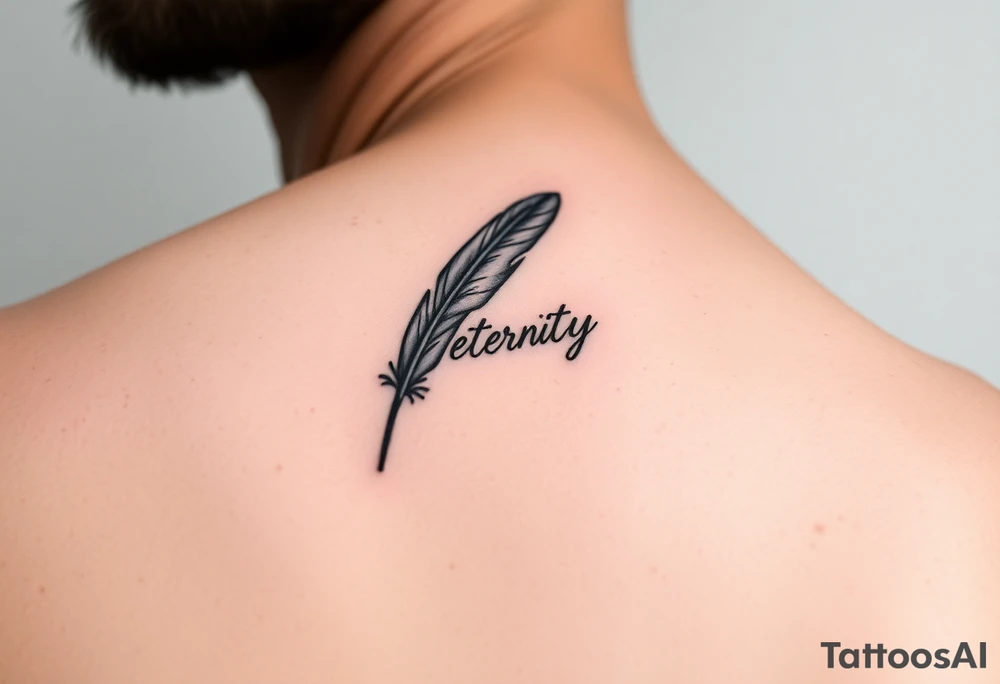 A sleek monochrome feather in black ink, with the word "Eternity" seamlessly integrated into the quill, creating a timeless and sophisticated look tattoo idea