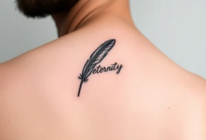 A sleek monochrome feather in black ink, with the word "Eternity" seamlessly integrated into the quill, creating a timeless and sophisticated look tattoo idea