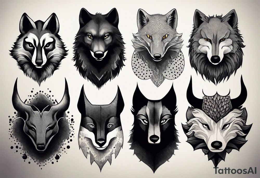 a super hero team which is combination of animals.
One is Badger/Wolverine, One is Bull, One is Wolf, One is Axolotl, One is Canary, One is Lizard, One is Cat tattoo idea