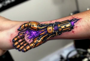 A tattoo of a partially opened human forearm revealing glowing golden servos and deep purple wiring inside. tattoo idea
