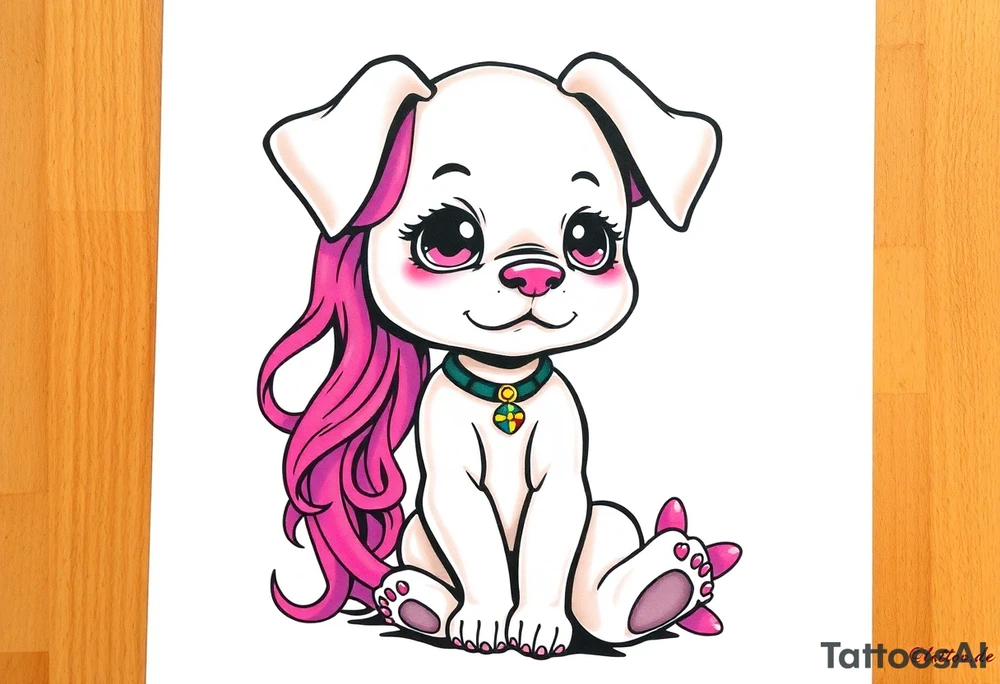 goth sexy puppy girl with big boobs and pink hair full human body tattoo idea
