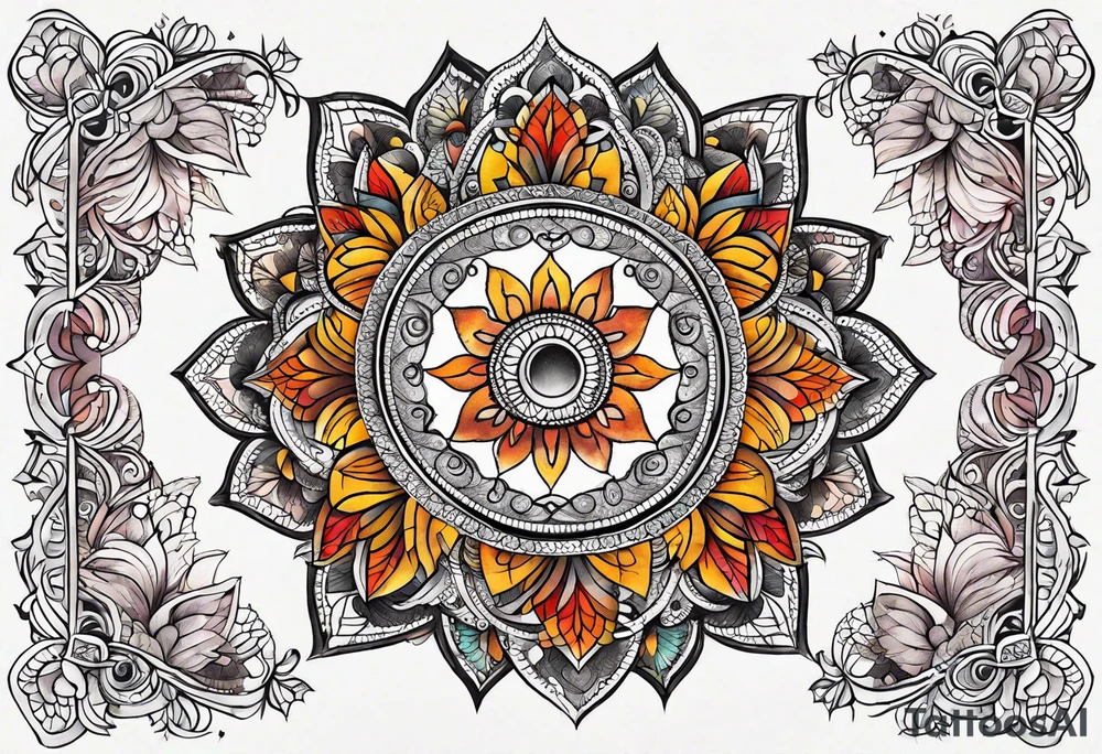 male moon mandala Knee tattoo in fall colors tattoo idea