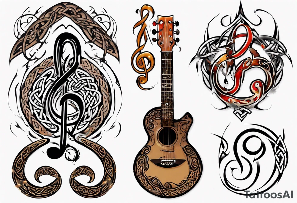 celtic an maori fusion design with a treble clef and a guitar tattoo idea