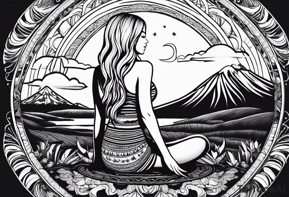 Straight blonde hair girl meditating facing away toward mountains surrounded by mushrooms crescent moon mandala circular design black and white striped dress tattoo idea