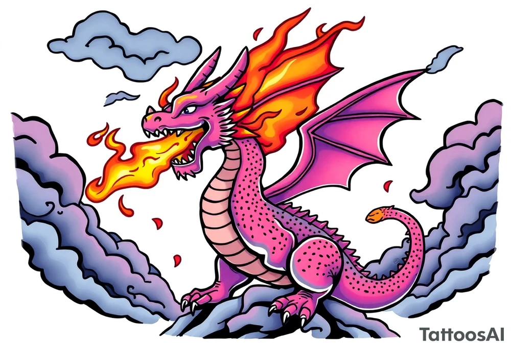 fierce dragon breathing iridescent fire against stormy skies tattoo idea