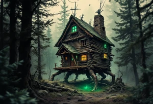 Baba Yaga’s Hut – A crooked wooden hut on giant chicken legs, in desaturated browns and grays, set in a misty pine forest with eerie green lighting. tattoo idea