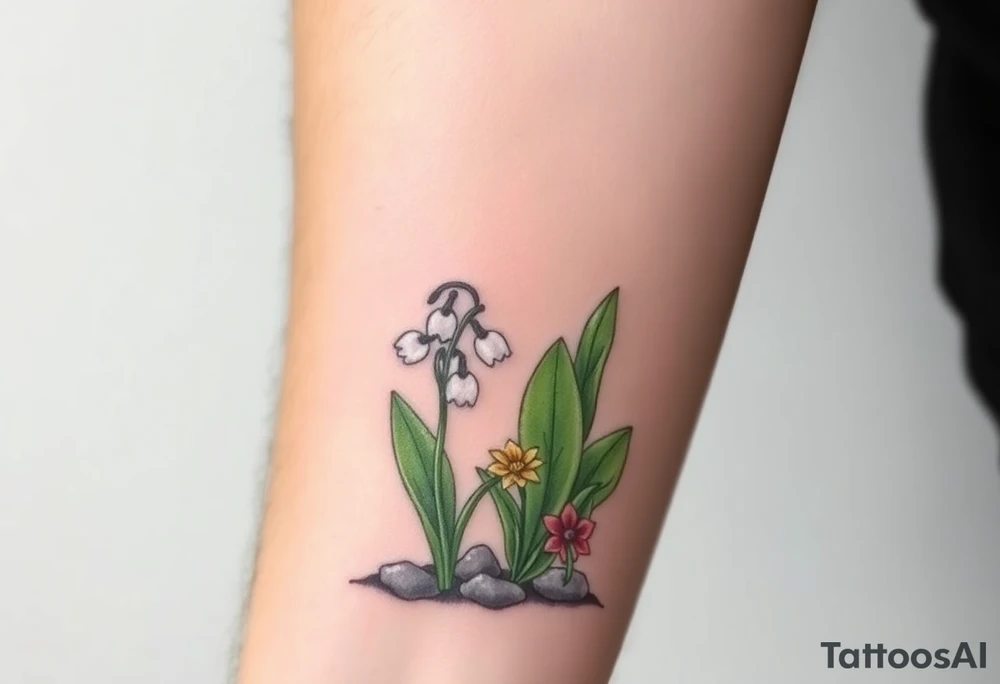 Small White lily in the valley bells growing next to other different colored lilie plants planted 
Under a blooming hawthorn tree tattoo idea