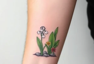 Small White lily in the valley bells growing next to other different colored lilie plants planted 
Under a blooming hawthorn tree tattoo idea