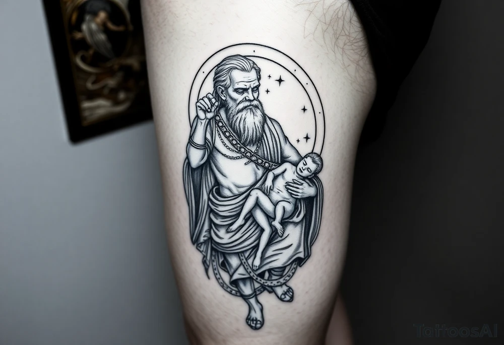 a tattoo design of the Greek God Saturn but older and nearly dying holding his spear, in his other arms cradling a twin dying younger version of himself. The gemini constellation is in the background behind the Saturn Gods. Long vertical form as this will be on a thigh - include the planet Saturn rings going round the design tattoo idea