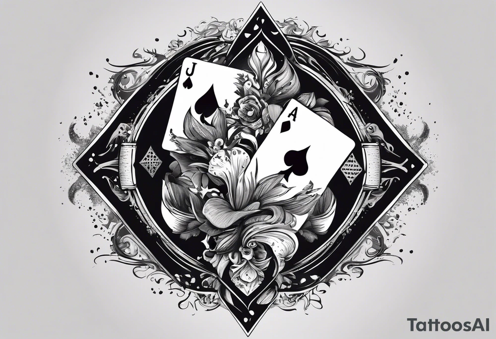 A black-and-white tattoo featuring a deck of playing cards falling mid-air, with a joker card prominently displayed at the center to symbolize unpredictability and chaos in life. The cards are scattered, some face-up, some face-down, representing chance and fate. A small hourglass is incorporated at the base of the design, symbolizing the passage of time. The tattoo uses bold lines and shading to create depth and contrast, keeping the design entirely black and white tattoo idea