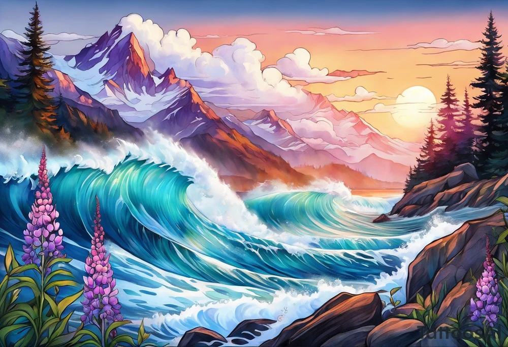 ocean wave with lupine and fireweed tattoo idea