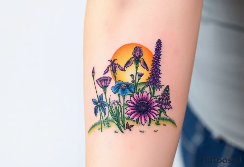 a bunch of cutleaf coneflower, blue flag iris, bee balm, obedient plant, purple coneflower on a hill with grass with a beautiful sunset and wildlife tattoo idea