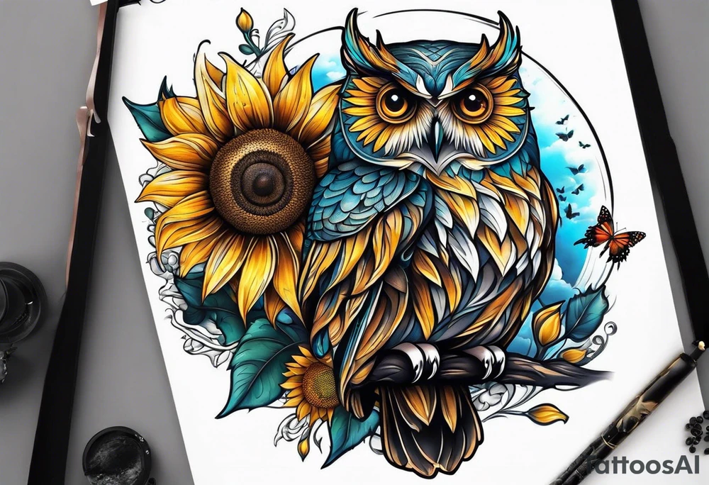 Owl, sunflower with a butterfly tattoo idea