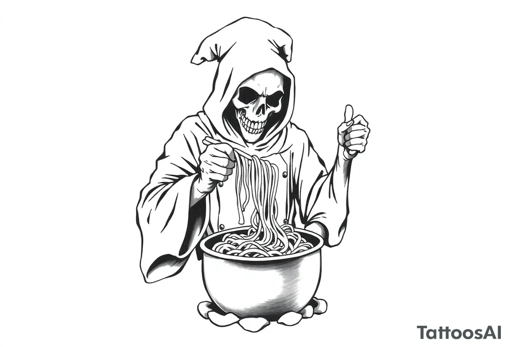 A grim reaper chef pulling noodles out of a pot tattoo idea