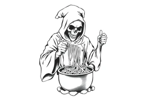 A grim reaper chef pulling noodles out of a pot tattoo idea