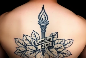 Leadership torch in front of a bed of fig leaves with black banner script wrapping in front. tattoo idea