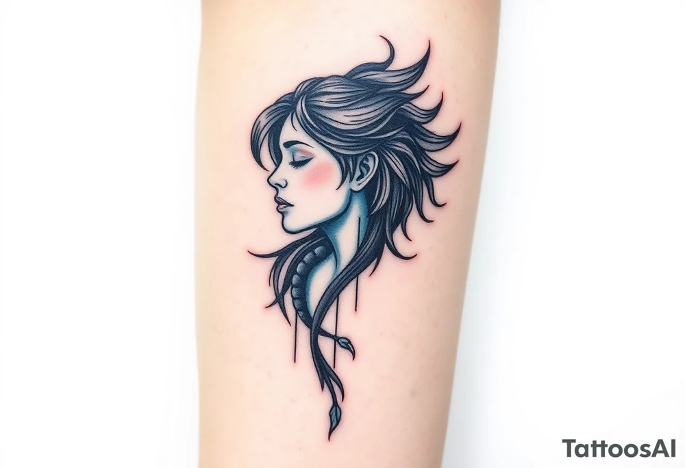 A minimalist tattoo that represents a shattered and betrayed gemini woman who fought hard throughout this year. With colors blue and black. Make it unique and rare. Without leaves and stem. tattoo idea