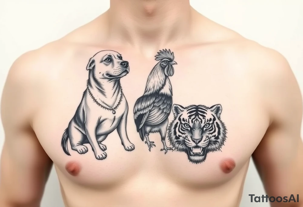 chest tattoo of dog and rooster and tiger together tattoo idea