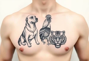 chest tattoo of dog and rooster and tiger together tattoo idea
