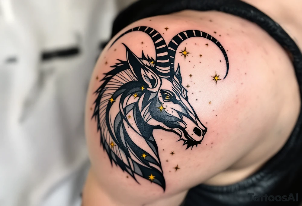 An abstract Capricorn tattoo featuring bold black lines and radiant yellow stars scattered in the pattern tattoo idea
