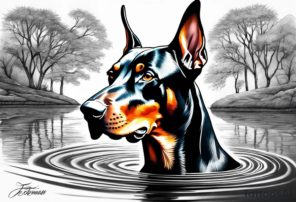 doberman looking into its own water reflection tattoo idea