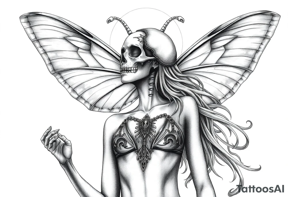 ethereal lunar moth resemblance powerfully sexy depiction of the goddess estate nude full frontal with exotic erotic lingerie orgasmic stare realistic the hottest depiction of the goddess of Love and war basking in the sun high above half of face is skeleton the other half beautiful tattoo idea