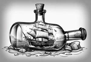 A message in a bottle with pirate map inside and a crab protecting the bottle. The bottle is old and has a cork. perhaps cracked a little. String tied around the top. 3D with background shading. tattoo idea