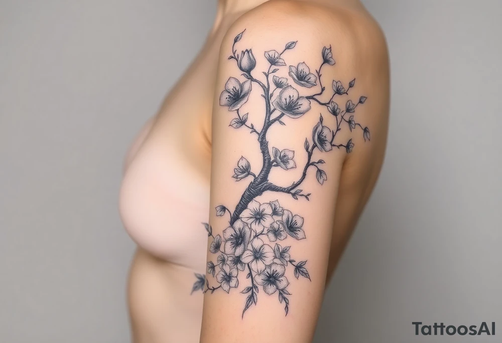 Body of a woman forming a blossoming peach tree and morning glories & cosmo flowers underneath tattoo idea