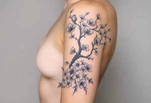 Body of a woman forming a blossoming peach tree and morning glories & cosmo flowers underneath tattoo idea