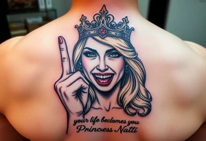 powerful blond findomme princess with crown on, holding up her middle finger laughing at you for being pathetic with caption “your life belongs to Princess Natti” tattoo idea