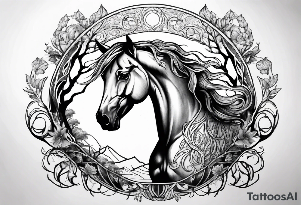 Realistic Horse and Yggdrasil tattoo idea