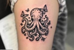 cute octopus, friendly, surrounded by butterflies and oceanic items, brown ink tattoo idea