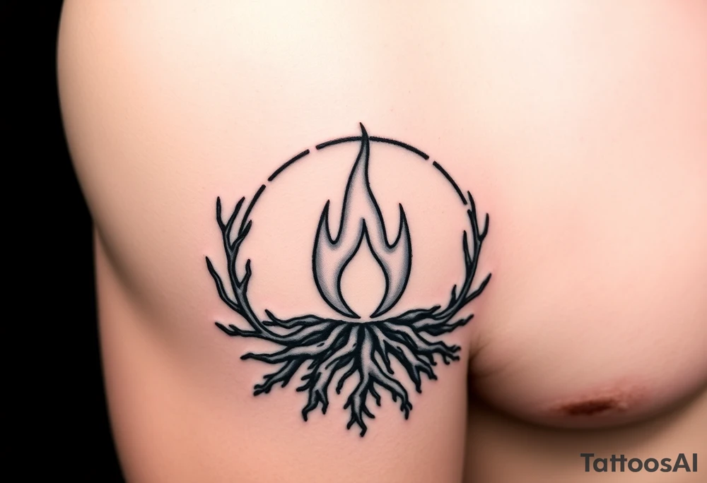 a round flame imprisoned in a roots circle tattoo idea