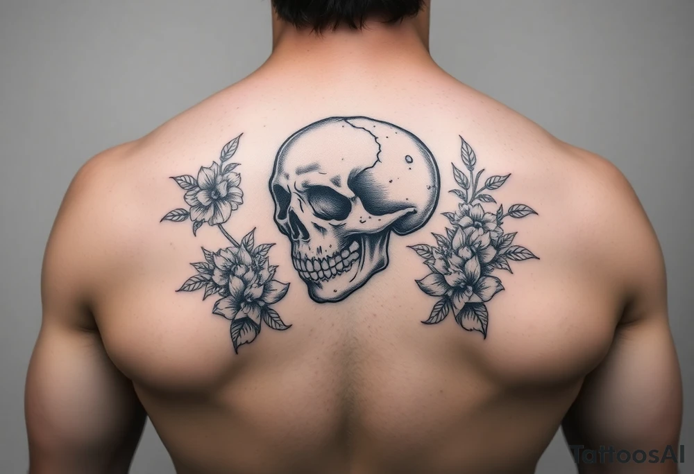 skull slightlyfacing left, surrounded by floral ornaments tattoo idea