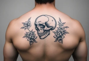 skull slightlyfacing left, surrounded by floral ornaments tattoo idea