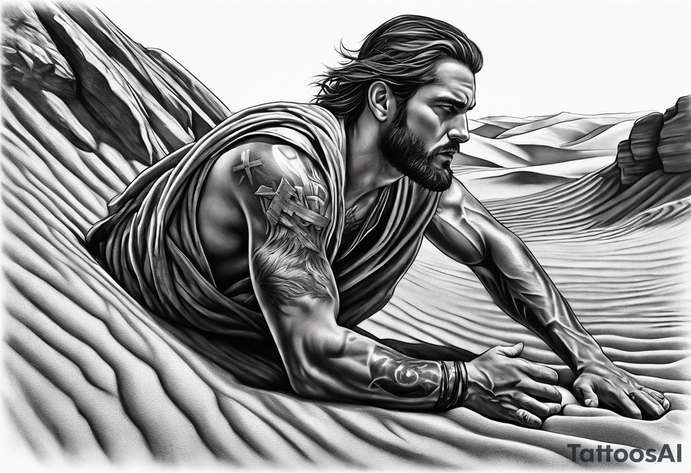 man crawling in a desert reaching to the cross of Christ tattoo idea