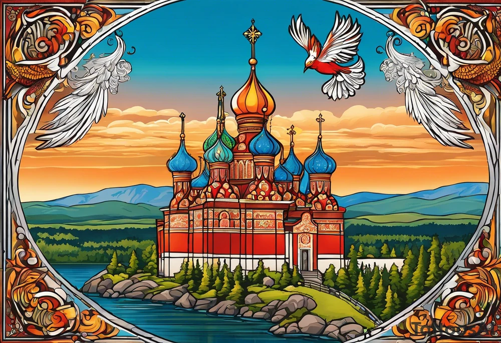 russian firebird in-flight with long fancy tail and 3 small onion cap monastery towers in background, with "Isaiah 43: 18-19" tattoo idea