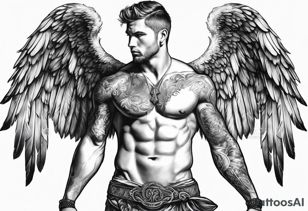 Male Angel pulling arm back tattoo idea
