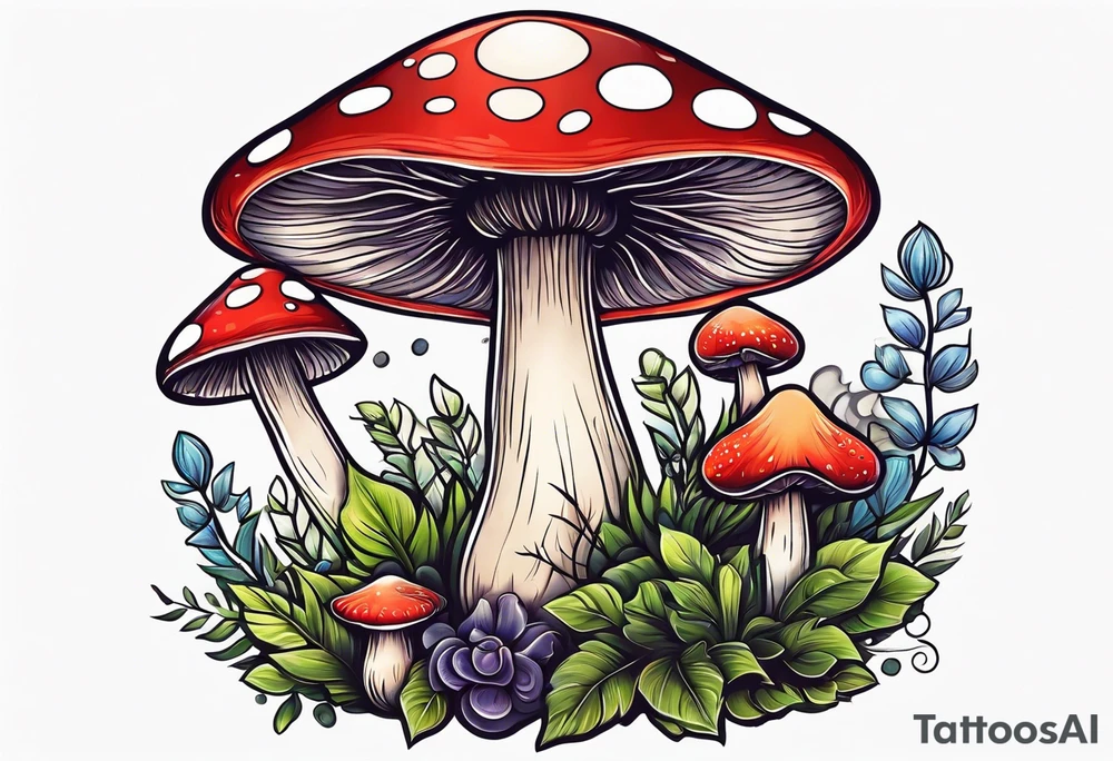 Cheery mushroom surrounded by smaller plants tattoo idea