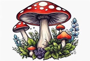 Cheery mushroom surrounded by smaller plants tattoo idea