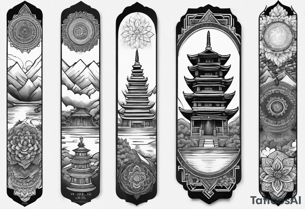 The back of a forearm including a world map, a Buddhist temple and a mandala tattoo idea