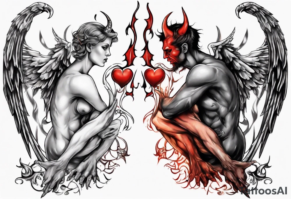Angel and devil holding each other tattoo idea