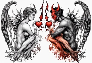 Angel and devil holding each other tattoo idea